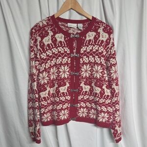 Croft & Barrow L Festive Nordic Red White Silk And Angora Cardigan Silver Clasps